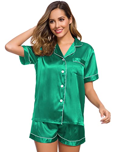 Image of SWOMOG Womens Silk Satin Pajamas Set Short Sleeve Sleepwear Button Down Top and Shorts Loungewear 2 Piece Pjs Set XS-3XL