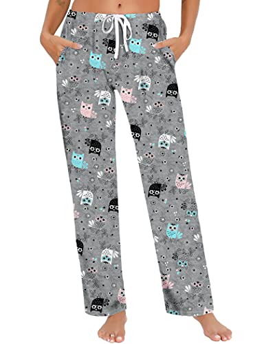 MIA LUCCE Damen Schlafanzughose Lang-Cute Print Pyjamahose fur Frauen(XX-Large,graue Eule) Cover