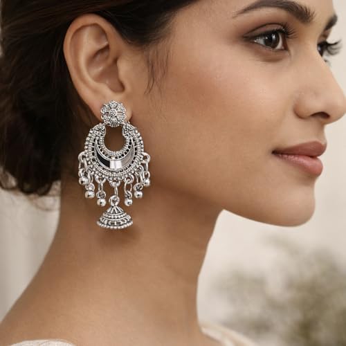 Image of 16 Pair Oxidised Silver Earring Jhuma Box Combo Set - Traditional Jhumka Earrings, Chandbali & Stud Collection for Women, Silver Trendy 16 Pair Earrings Jhumka Earrings Wirh Black Velvet Box