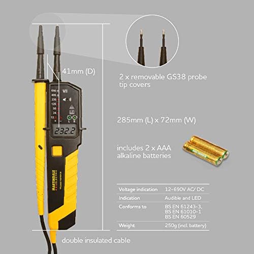 Martindale VT28 Two Pole Voltage and Continuity Tester with LCD Display, Yellow