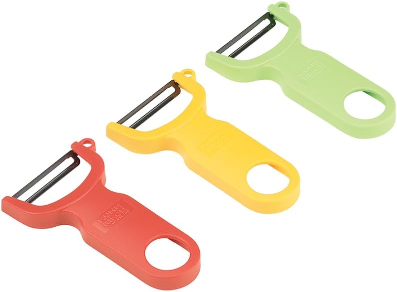 Kuhn Rikon Swiss Peeler Set for Fruit, Vegetables and Potatoes, 3 Straight Blade Peelers with Carbon Steel Blades, Integrated Potato Eye Remover, Left or Right-Handed Use, Red, Green & Yellow