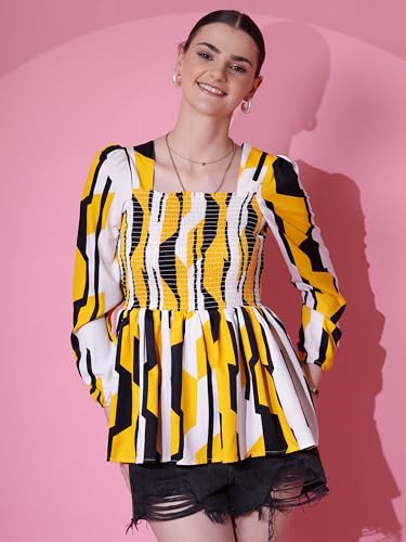 Image of Sheetal Associates Women's Crepe Puff Sleeves Peplum Top with Floral Printed Regular Fit Full Sleeve and V-Neck Maxi Length
