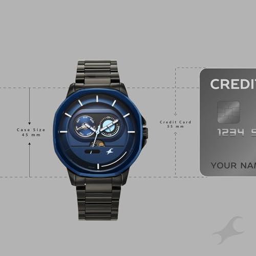 Image of Fastrack Street Opulence Sun Moon Multifunction Quartz Analog with Blue Dial Black Stainless Steel Metal Strap Watch for Men - 3303KM07