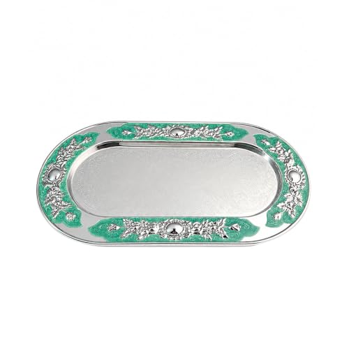 Image of Decorative Oval Metal Tray with Turquoise Enamel & Crystal Floral Border | Premium Silver Finish Display Tray for Home Decor, Coffee Table, Dining Table, Centerpiece, Console & Gift Item