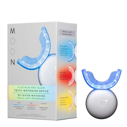 MOON Teeth Whitening Kit, Platinum Teeth Whitener LED Device, 28 Dissolving White Strips, Yellow, Blue & Red Light Whitening Tray for Gum Health & Fresh Breath, Whitens Up to 18 Shades (4 Piece Kit)