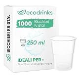 ecodrinks - 1000 Bicchieri Trasparenti Kristal da 250ml - Rigidi, Presa Sicura, Bordo Liscio Antischiuma - Per Acqua, Birra, Cocktail e Bibite Fredde o Tiepide