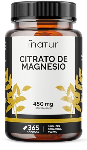 Citrato de Magnesio 365 Cápsulas Veganas | 450 mg de Magnesio Puro por 2 Cápsulas | 1.525mg de Citrato | Alta Biodisponibilidad | Para Músculos, Energía, Cansancio y Estrés | Inatur