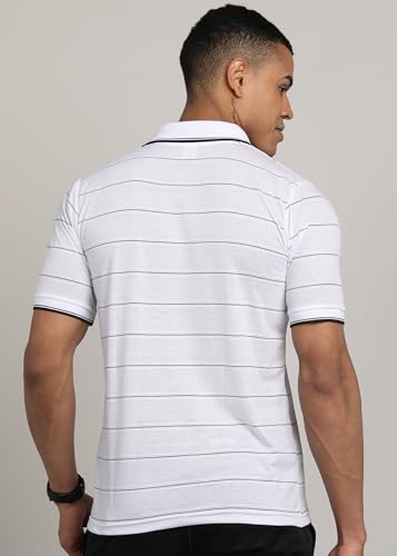 Image of INKKR Men Striped Polo Neck Cotton Blend T-Shirt