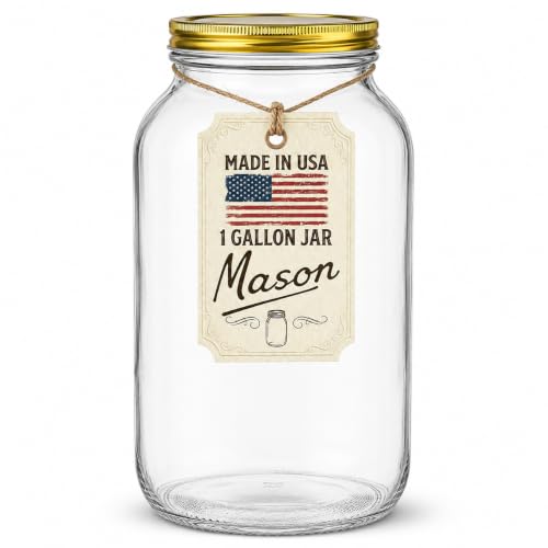 Image of 1 Gallon Glass Large Mason Jar Wide Mouth with Metal Airtight Lids (1 Pack) - Fermentation Kombucha Kefir Kimchi - Storing Canning Pickling Containers -Gold Lids by Kitchentoolz