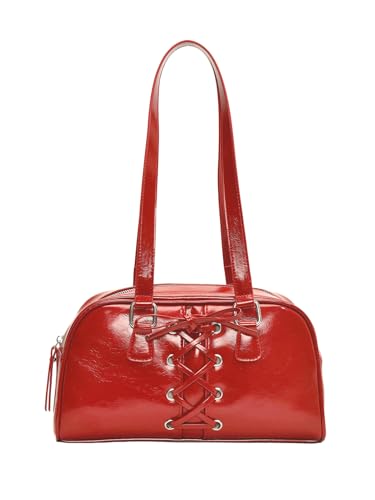 Women's Lace Up Zipper PU Leather Shoulder Bags Top Handle Boston Underarm Bags Y2K Purse