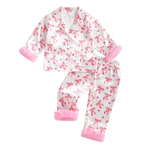 DuAnyozu Toddler Baby Girl Satin Valentines Pajamas Set Feather Trim Heart Print Little Girl Valentines Pjs Spring Clothes (Pink Bow, 6-12 Months)