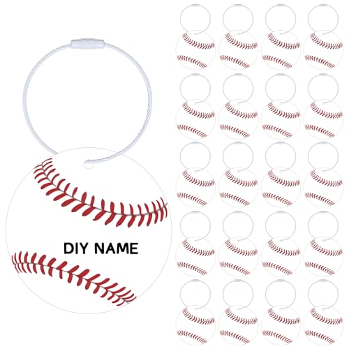 Liliaafar 24 Pcs Baseball Luggage Tags Bulk Baseball Ball Bag Tags for Travel Suitcase Keychain DIY Accessories 2.8 PVC Name Labels Number ID Card with Metal Ring for Team Gifts
