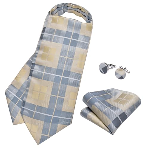 Image of DiBanGu 3PCS Ascot Ties for Men Wedding Jacquard Woven Silk Ascot Cravat for Men Cravat Tie and Pocket Square Set