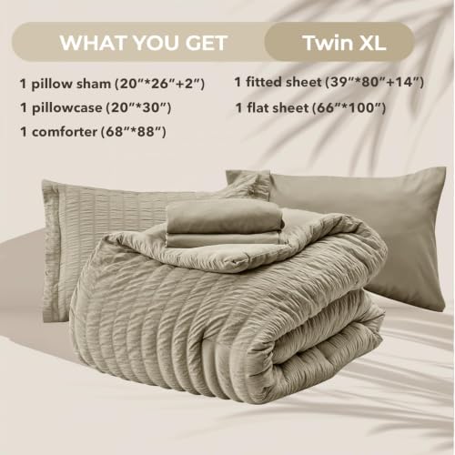 Image of HYMOKEGE Linen Twin XL Comforter Set Seersucker 5 Pieces, All Season Luxury Bed in a Bag for Bedroom, Bedding Set with Comforter, Sheets, Pillowcase & Sham