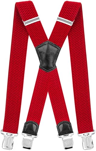 Decalen Hosenträger für Herren Breit 4 cm mit sehr Starken 4 Metall Clip Lang Einheitsgröße für Männer und Damen Einstellbar und Elastisch X Style (Rot)
