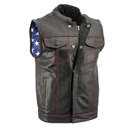 Milwaukee Leather LKM3780 Men's Black Premium Leather Motorcycle Rider Vest w/Red Stitching and USA Inside Flag Lining - Medium
