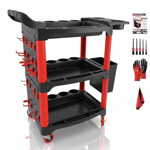 DESEQPT Auto Detailing Cart with Wheels 3 Tier Rolling Detail Cart with Long Hanging Plate & Hooks & Hanging Bucket & Cat Ear Basket for Detailers Garage Workshop Repair Shop Storage Tool
