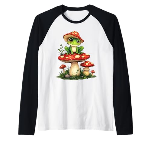 Frog on Mushroom Cartoon Aesthetic Art Camiseta Manga Raglan
