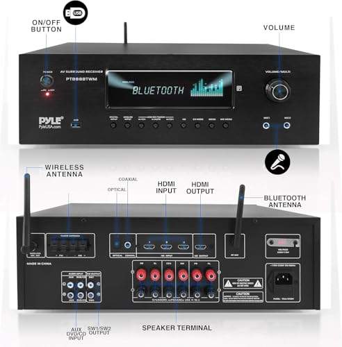 Pyle Wireless BT Streaming Home Theater Receiver - 5.2-Ch Surround Sound Stereo Amplifier System w/ 4K Ultra HD Support, MP3/USB/AM/FM Radio (1000 Watt MAX), w/ 2CH UHF Wireless Microphone - Image 3