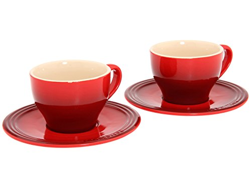 Le Creuset Stoneware Set of 2 Cappuccino Cups and Saucers, 7 oz. each, Cerise