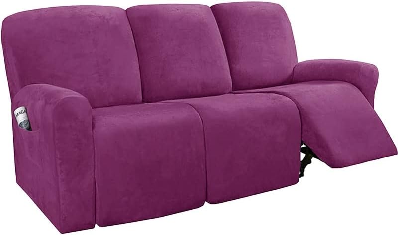 Konsilsa 3 Seater Recliner Chair Covers, 8 Pieces Elastic Couch Slipcover Velvet Recliner Covers for Recliner Chair Lounger Armchair Cover Chair Covers Soft Furniture Protector (Color : Purple)