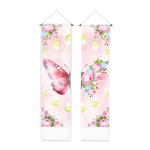 PLIGREAT 2 Pack Pink Butterfly Tapestry Aesthetic Wall Tapestry for Bedroom Bathroom Living Room Vintage Moon Phase Vertical Wall Hanging with Tassel Home Art Decor Housewarming Gift 52"x13"/130x33 cm