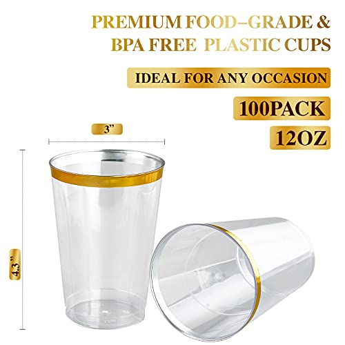 Focusline 100 Pack 12 Oz Gold Rimmed Plastic Cups, 12 Ounce Clear Plastic Cups Tumblers, Heavy-Duty & Fancy Disposable Hard Plastic Cups With Gold Rim For Wedding Cups Elegant Party Cups #TOP1