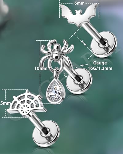 Cocharm 3Pcs Bat Spider Cartilage Earring 16g Flat Back Cartilage Piercing Jewelry Halloween Helix Jewelry 8mm Silver Web Conch Stud Funny Labret Stud for Women Men3