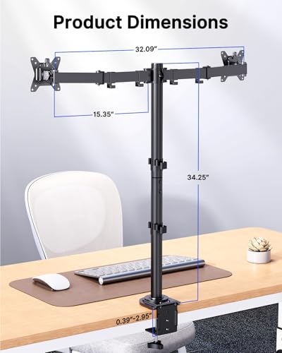 Image of HUANUO Dual Monitor Stand for 13-32 Inch Screens, Tall Pole Desk Mount,Larger Base, Ideal for Sit-Stand Workstations, 22 lbs per Arm, VESA 75x75 /100x100mm, Tilt Swivel Rotation, Cable Management