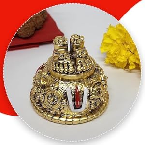 Image of Gold Art India Lord Balaji Charan Paduka 24 kt Gold Matte Finish Vishnu Charan Paduka for Pooja Room /Balaji for car Venkateswara Swamy Feet with Shanku Chakra Namam Best Gifting (Gold Plated 2 Inch)