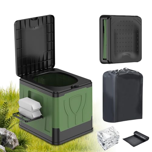 OTraki Faltbare Campingtoilette, Mobile Toilette Bis 150 kg Camping Toiletten mit Gerinnungsmittel Trockentrenntoilette mit Taschentuchhalter für Wandern & Notfälle (Armeegrün)