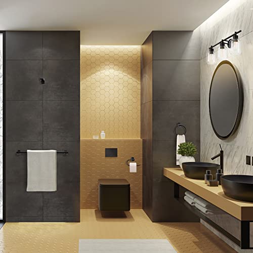 Image of Globe Electric 65556 All-in-One 5-Piece Bathroom Set, Matte Black Finish, 3-Light Vanity with Clear Glass Shades, Towel Ring, Toilet Paper Holder, Robe Hook, and Towel Bar, Modern Bathroom Lighting