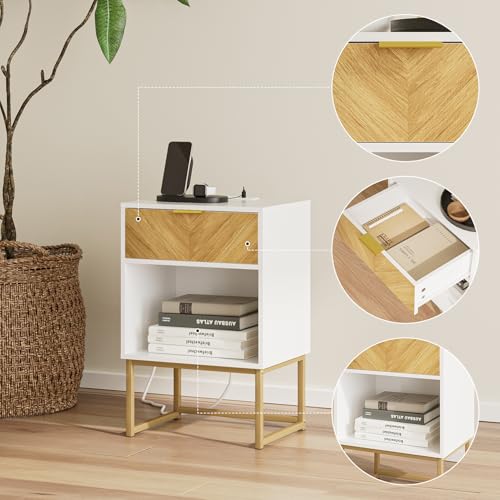 Image of Masupu Nightstand with Charging Station,Modern Night Stand Boho Farmhouse Wood Bedside Table with Storage Drawer Side End Table for Bedroom,Living Room,Office,White with Outlet