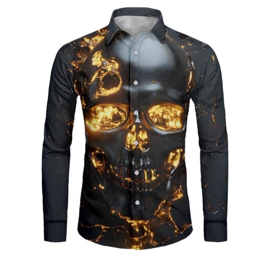 GLUDEAR Men's Cool Skull Graphic 3D Print Long Sleeve Casual Button Down Hawaiian Shirts