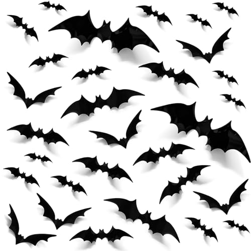 Lunriwis Halloween Bats Decorations 3D Wall Stickers, 81 PCS Black PVC Bat Window Stickers, 4 Sizes Scary Bats for Home Windows Wall Door Decor,Indoor Outdoor Halloween Party Supplies