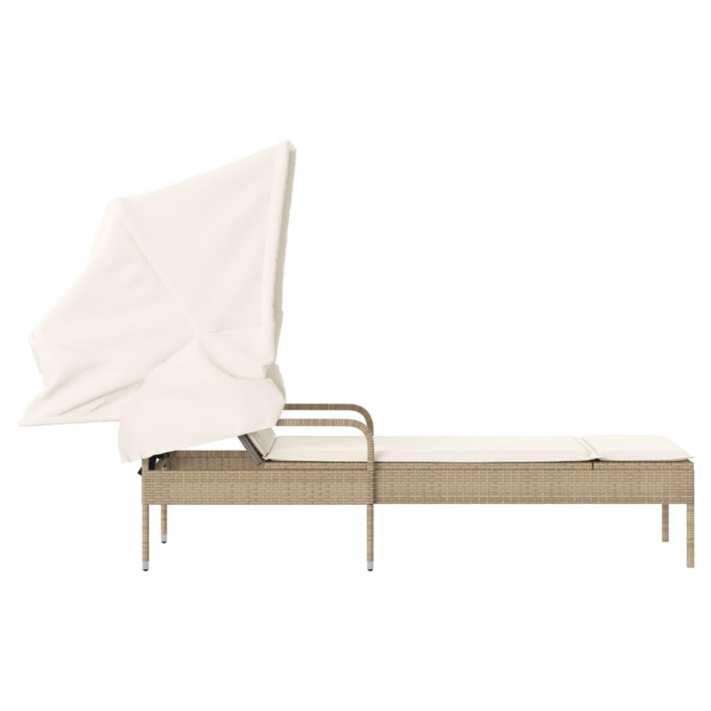 Sonnenliege mit Dach beige Poly Rattan, Gartenliege verstellbar mit Kissen, wetterfest UV-beständig, 200 cm Liegefläche für Garten, Balkon, Terrasse, Pool und Camping