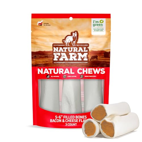 Natural Farm Filled Dog Bones, Bacon & Cheese Flavor (5-6 Inch, 3 Pack), Limited Ingredient Stuffed Dental Dog Bone Treats for Large Dogs