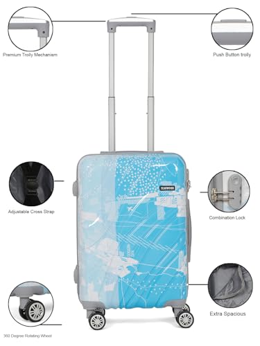 Image of Teakwood World Small 55 cm Cabin Size Trolley Bag Polycarbonate 360 Degree 8 Wheels Luggage Bag with TSA Lock, Adjustable Handle Trolley Bags for Travel, Suitcase for Travel | Blue