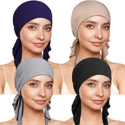 TSKNOMO 4 Stück Chemo Kopfbedeckung für Frauen, Vorgebundenes Kopftuch, Krebs-Kopfbedeckung Gegen Haarausfall