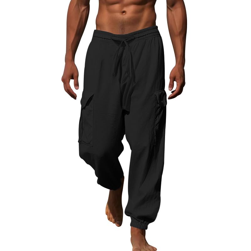 Men's Linen Cotton Beach Pants Loose Lightweight Elastic Waist Baggy Tapered Yoga Casual Trousers with Pockets