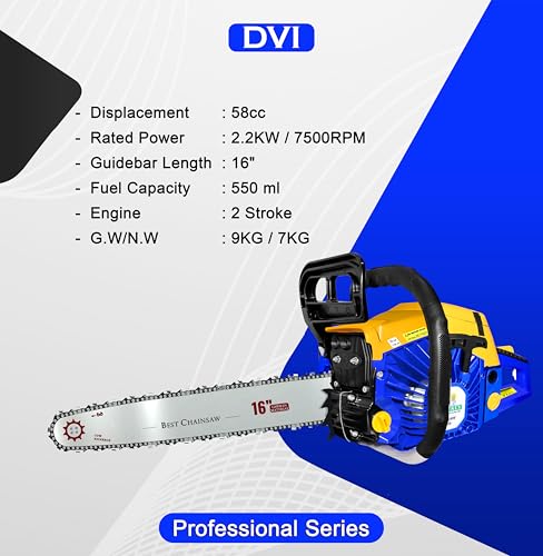 Image of DVI 5800 Heavy Duty Chain Saw with 58 CC, 2 Stroke Petrol Engine Power & 16 inchinch Blade /Bar Cordless Chain Saw Cuttingsaw For Farm, Garden & Professional Use.