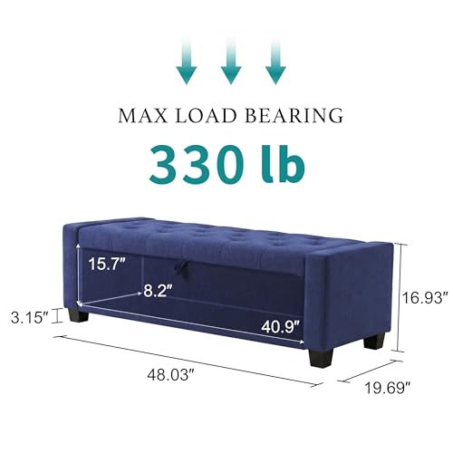 Image of Huatean Home 48 inch Ottoman with Storage, Storage Ottoman Bench with Safety Hinge, Upholstered Entryway Bench with Seating for Bedroom, Living Room, Holds up to 330 lb, Blue