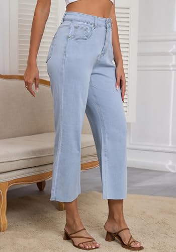 Women's High Waist Straight Leg Stretch Jeans - Blue Ankle Length Denim 5 Pocket Slim Fit Tummy Control3