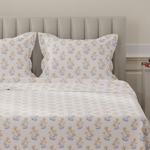 Image of Layers 100% Cotton Bedsheet for King Size Bed | Lumina Floret Collection | 144 TC Soft & Breathable | Printed with 2 Pillow Covers | Wrinkle Free & Colorfast | 3 Piece Bedding Set - Yellow & Blue