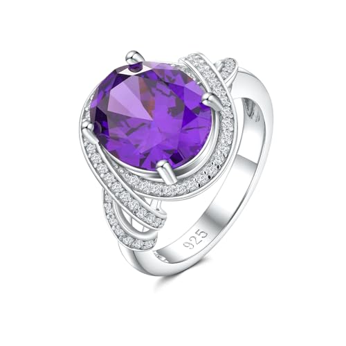RANDES スターリングシルバー 8.8カラット ビッグオーバル婚約指輪 レディース メンズ 人工サファイア/ルビー/エメラルド/アメジスト ケルトノット ステートメント カクテルリング ヘイロー サイズ6-10, ジェムストーン, 人工アメジスト キュ