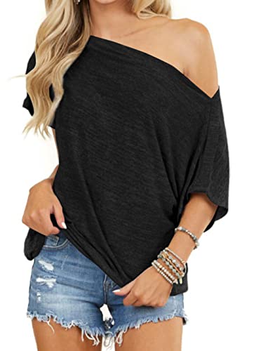 REVETRO Womens Sexy Off The Shoulder Tops Summer Short Batwing Sleeve Loose T-Shirts