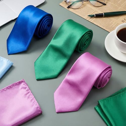 Image of Zhanmai 48 Pcs Men Solid Color Ties and Pocket Square Set Satin Necktie Business Handkerchief for Wedding Party
