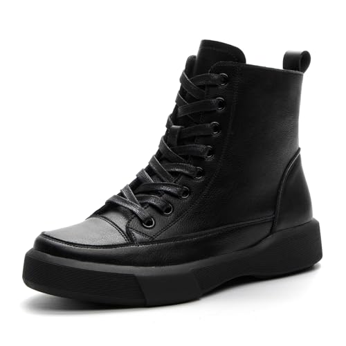 Womens Genuine Leather Lace Up Side Zipper High-Top Ankle Boots Retro Round Toe Platform Adds Height Fashion Combat Booties