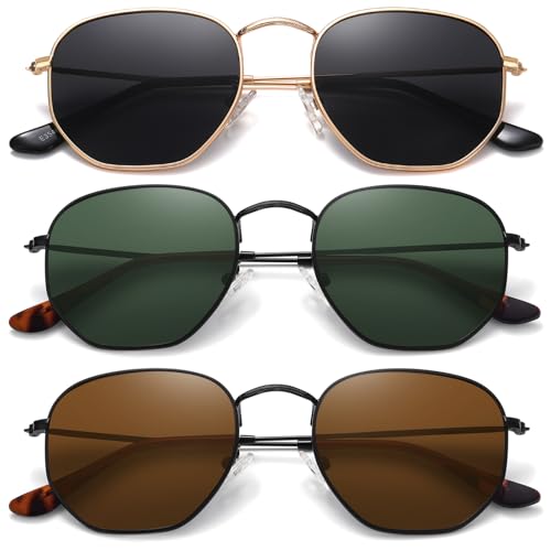 MEETSUN Polarized Hexagon Sunglasses for Women Men Polygon Square Sun Glasses UV400 Protection Metal Frame 3 Pack-Gold Gray+Black Dark Green+Black Brown