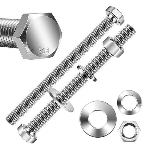 Image of Mellewell 1 /2-13 x 4 Hex Head Bolts with Hex Nuts and Thick Flat & Lock Washers, Fully Threaded, Stainless Steel 18-8, Plain Finish, 2 Sets